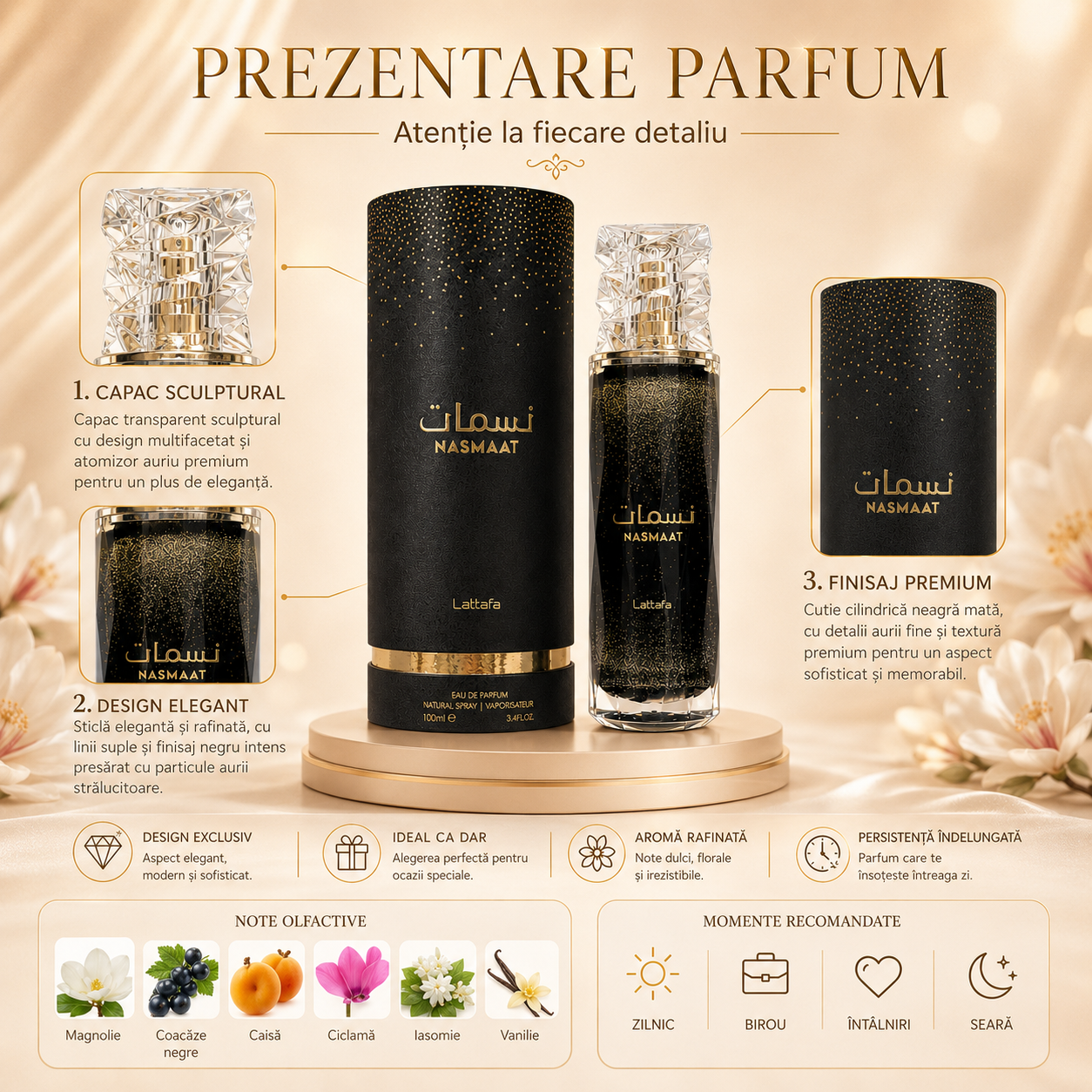 Parfum Arabesc Lattafa Nasmaat EDP 100 ml, femei și bărbați, floral fructat vanilat, flacon elegant cu ambalaj premium
